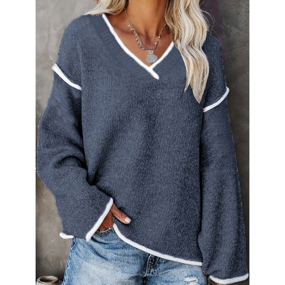 [Cozy Sweater] Cozy Plus Size V-Neck Sweater | Oversized Casual Pullover with Sl - Picture 1 of 5